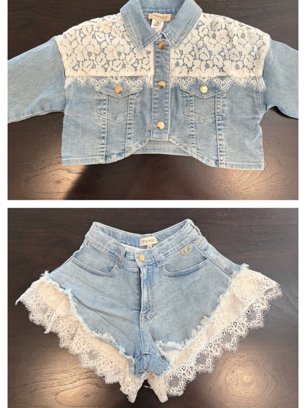 💙 TWINSET Milano Girls Lace Denim Jacket & Shorts Set • Size 8 (128 cm)